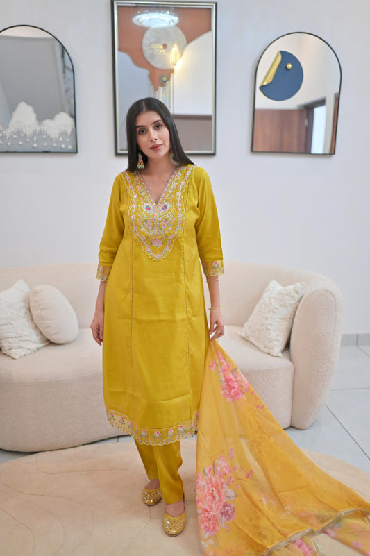Mustard Yellow Embroidered Kurta Set with Floral Dupatta