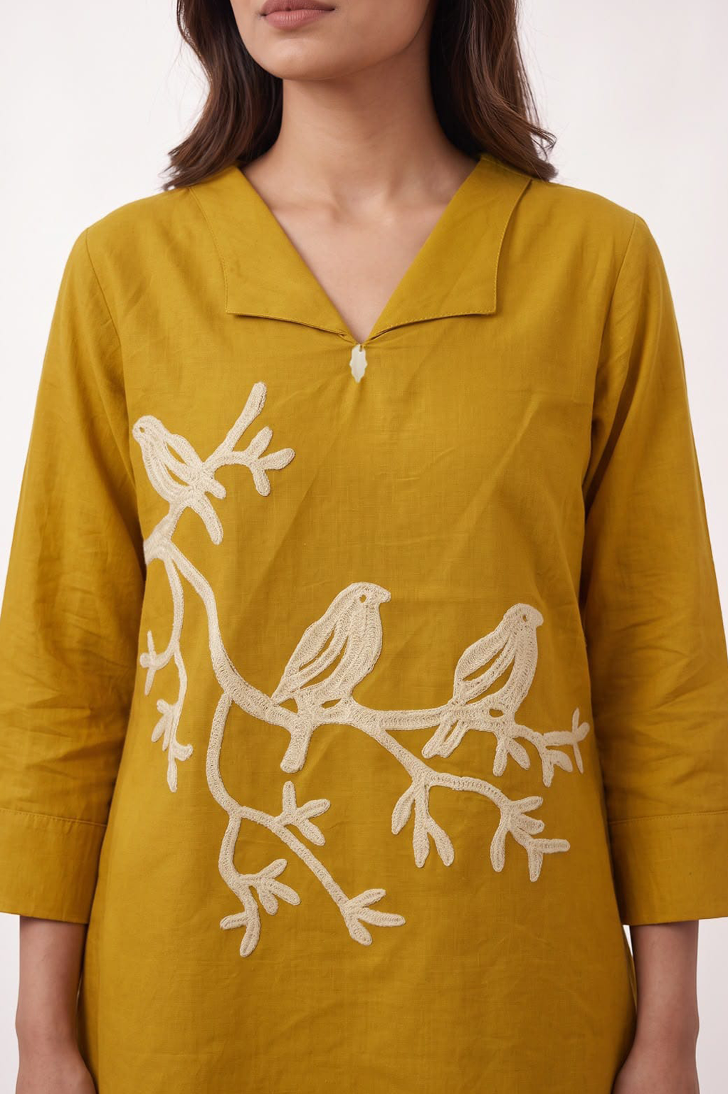 Mustard Yellow Bird Embroidered Cotton Co-Ord Set