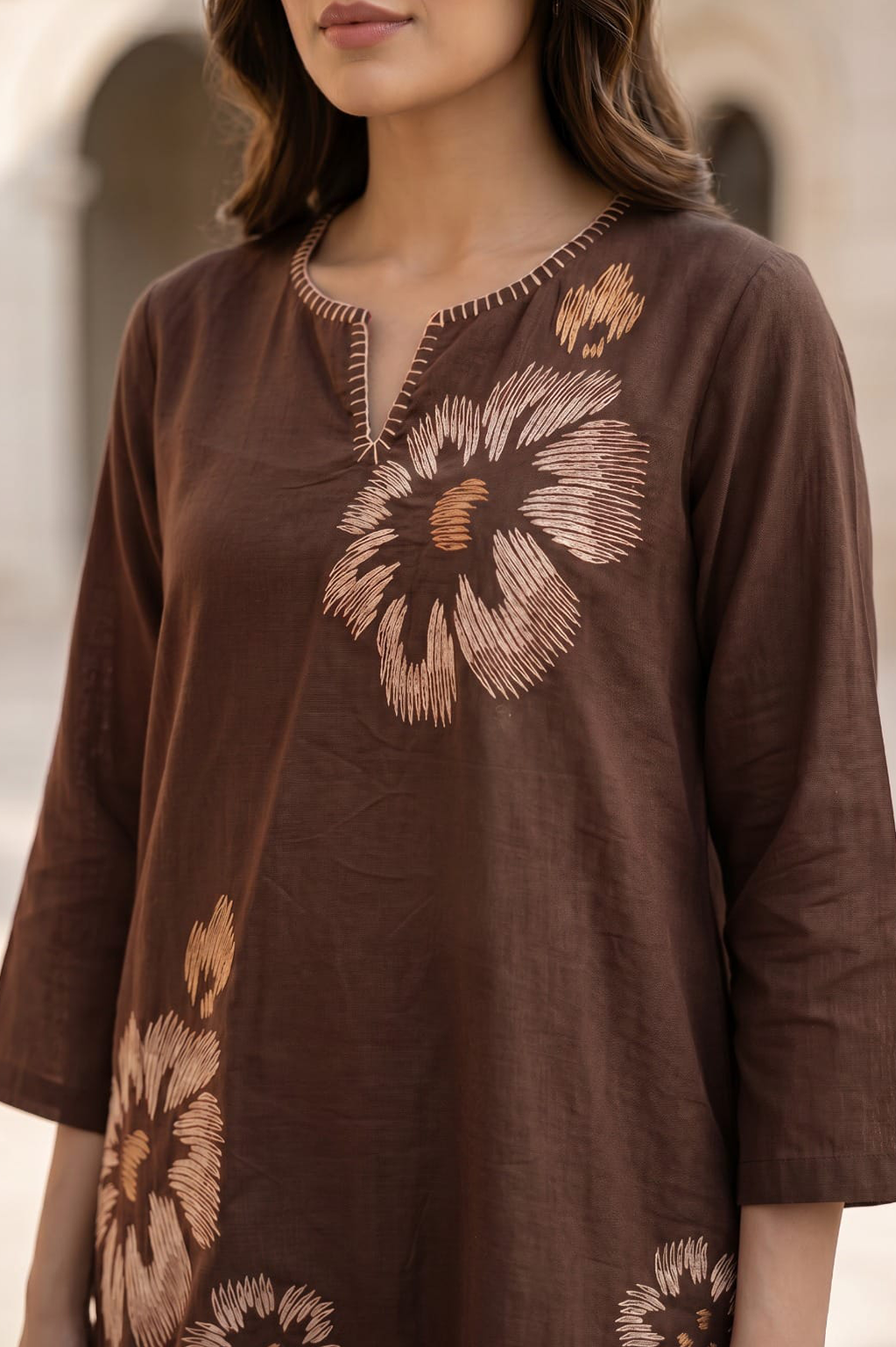Coffee Brown Floral Print Cotton Co-Ord Set