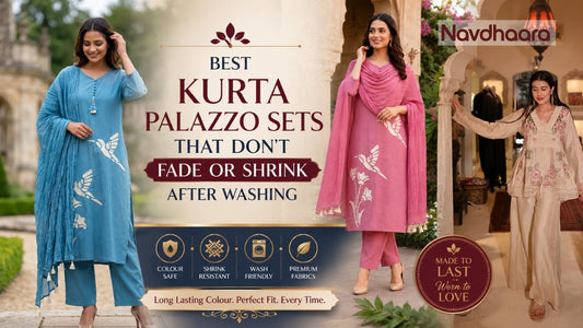 Featured image showing three women wearing kurta palazzo sets, with the headline “Best Kurta Palazzo Sets That Don’t Fade or Shrink After Washing” and visual highlights for colour-safe, shrink-resistant and wash-friendly fabrics.