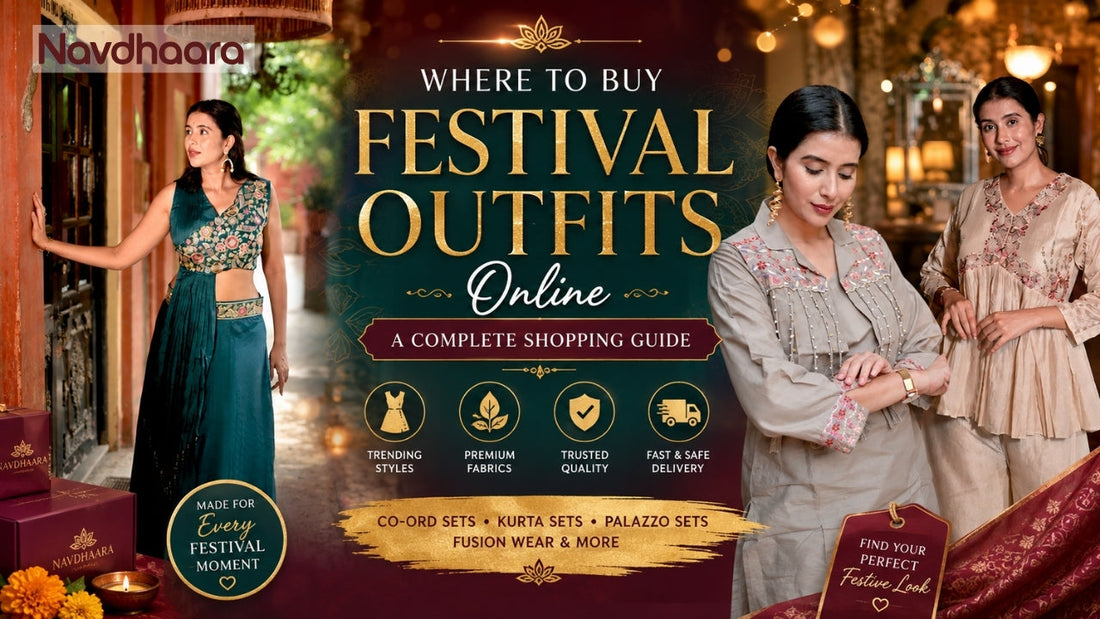 Featured banner showing three women in festive Indian outfits with the text “Where to Buy Festival Outfits Online,” highlighting co-ord sets, kurta sets, palazzo sets and fusion wear.