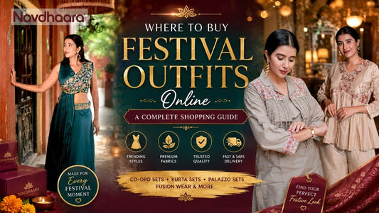 Featured banner showing three women in festive Indian outfits with the text “Where to Buy Festival Outfits Online,” highlighting co-ord sets, kurta sets, palazzo sets and fusion wear.