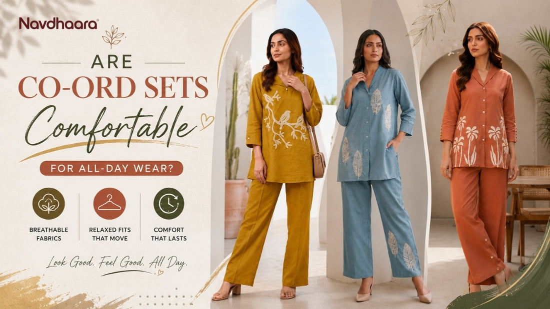 Three women wearing stylish co-ord sets showcasing comfortable, breathable outfits for all-day wear