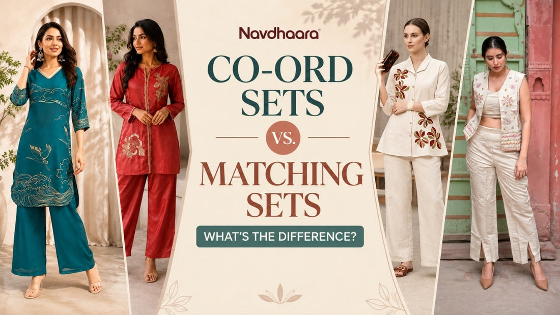 Co-ord sets vs matching sets featuring women in stylish coordinated outfits for different occasions.