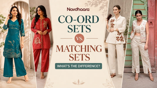 Co-ord sets vs matching sets featuring women in stylish coordinated outfits for different occasions.