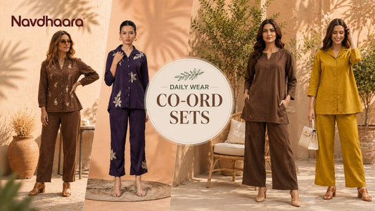 Four women wearing stylish daily wear co-ord sets in brown, purple, and mustard tones with a “Daily Wear Co-Ord Sets” feature design.