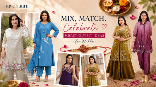 Navdhaara Rakhi fashion collage featuring women in colorful ethnic outfits, with a blue kurta set, ivory embroidered kurta, mustard festive set, purple outfit and plum co-ord, alongside a Rakhi and festive décor.