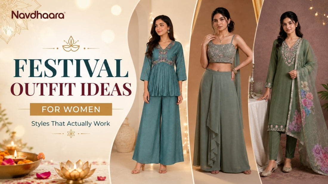 Festival outfit ideas for women featuring stylish co-ord sets, palazzo outfits, and elegant ethnic wear for festive occasions.