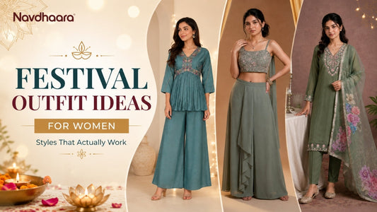 Festival outfit ideas for women featuring stylish co-ord sets, palazzo outfits, and elegant ethnic wear for festive occasions.