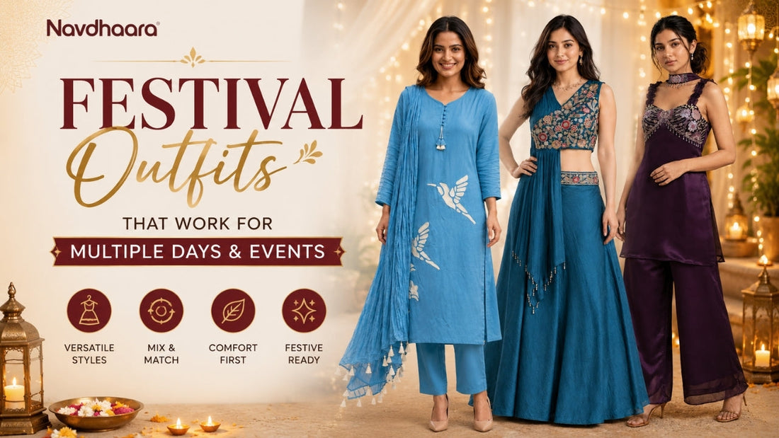 Women’s festive outfits styled for multiple festival days and events, featuring versatile co-ord sets, palazzo sets, and elegant ethnic wear.