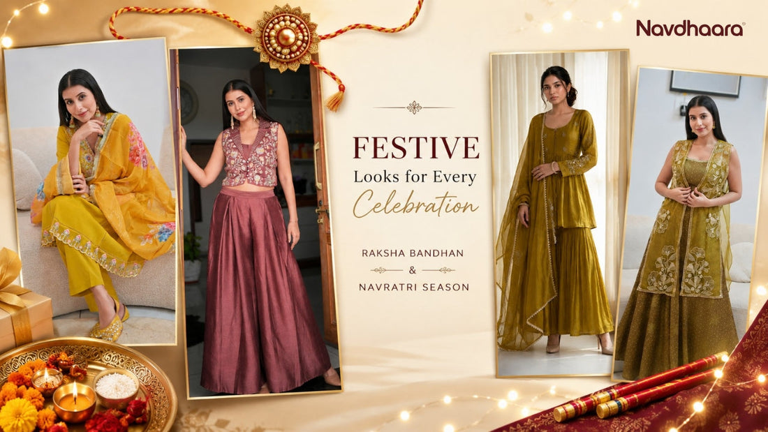 Women wearing festive Indian ethnic wear including co-ord sets, kurta sets, and sharara outfits for Raksha Bandhan and Navratri celebrations by Navdhaara.