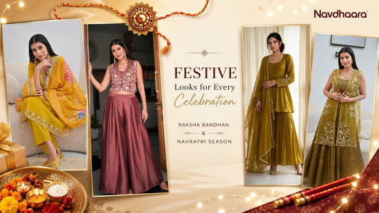 Women wearing festive Indian ethnic wear including co-ord sets, kurta sets, and sharara outfits for Raksha Bandhan and Navratri celebrations by Navdhaara.
