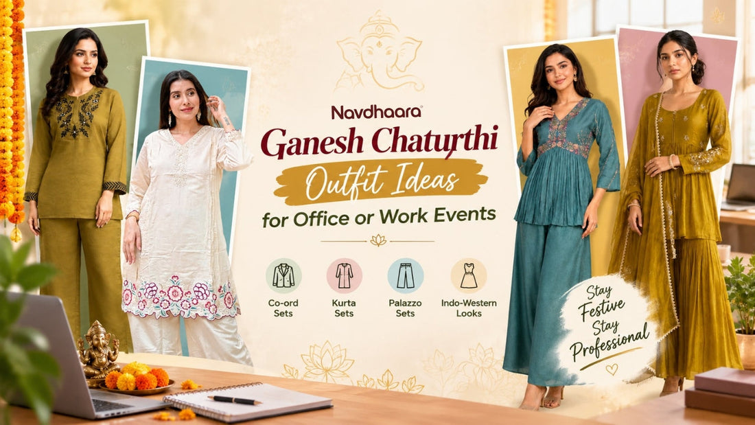 Ganesh Chaturthi outfit ideas for office and work events featuring women in stylish co-ord, kurta, palazzo, and Indo-western festive wear.