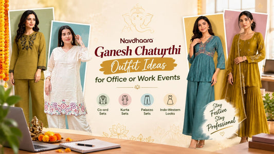 Ganesh Chaturthi outfit ideas for office and work events featuring women in stylish co-ord, kurta, palazzo, and Indo-western festive wear.