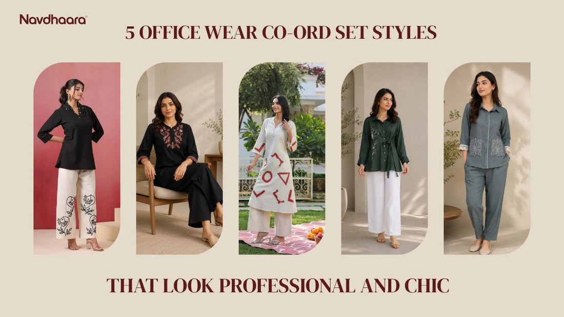 Five professional co-ord set styles for women's office wear by Navdhaara, featuring shirt-trouser and kurta-style sets in black, white, green, and grey