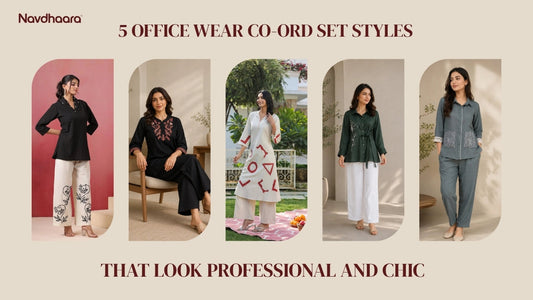 Five professional co-ord set styles for women's office wear by Navdhaara, featuring shirt-trouser and kurta-style sets in black, white, green, and grey