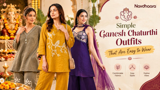 Simple Ganesh Chaturthi outfits for women featuring comfortable ethnic co-ord sets in festive colours with a traditional Ganesha décor backdrop.