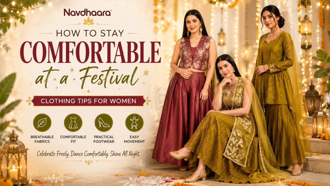 Navdhaara festive fashion banner featuring three women in elegant ethnic outfits with tips for comfortable festival dressing, including breathable fabrics, comfortable fit, practical footwear, and easy movement.