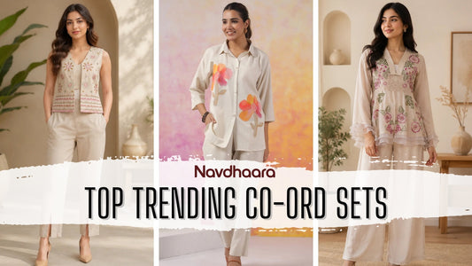 Three women wearing trending co-ord sets by Navdhaara — embroidered jacket co-ord, floral appliqué shirt co-ord, and ruffled embroidered co-ord set.