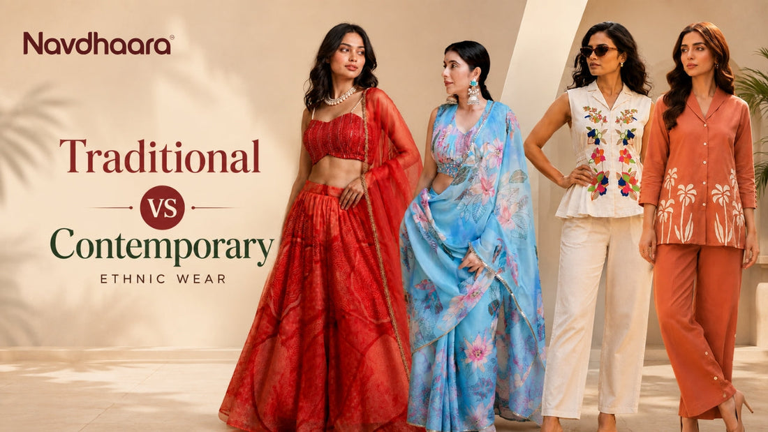Traditional vs contemporary ethnic wear featuring women in a red lehenga, floral saree, embroidered co-ord set and modern ethnic outfit.