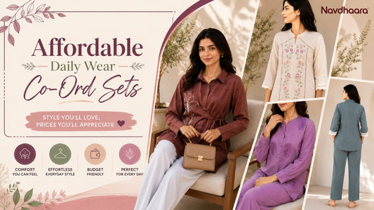 Affordable daily wear co-ord sets for women in breathable cotton flex and muslin fabrics for comfortable everyday ethnic fashion.
