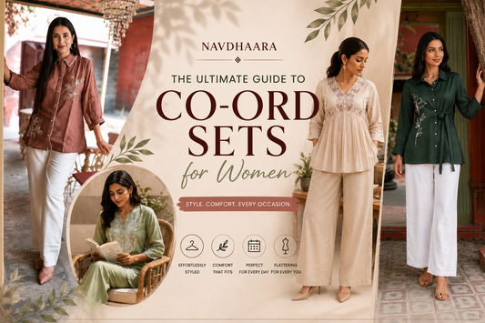 Co-Ord Sets for Women styling guide featuring elegant ethnic and contemporary co-ord outfits by Navdhaara for office, casual, festive and everyday fashion.