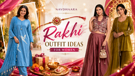 Rakhi outfit ideas for women featuring blue, plum purple and mustard yellow ethnic outfits with festive Raksha Bandhan decorations.