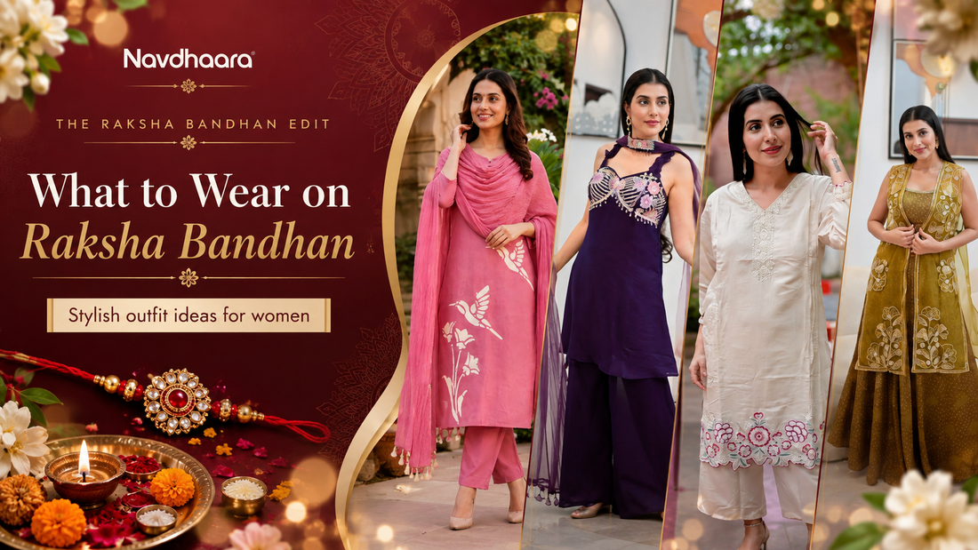 Navdhaara Raksha Bandhan fashion banner featuring women in pink, purple, white and olive ethnic outfits with festive Rakhi decorations.