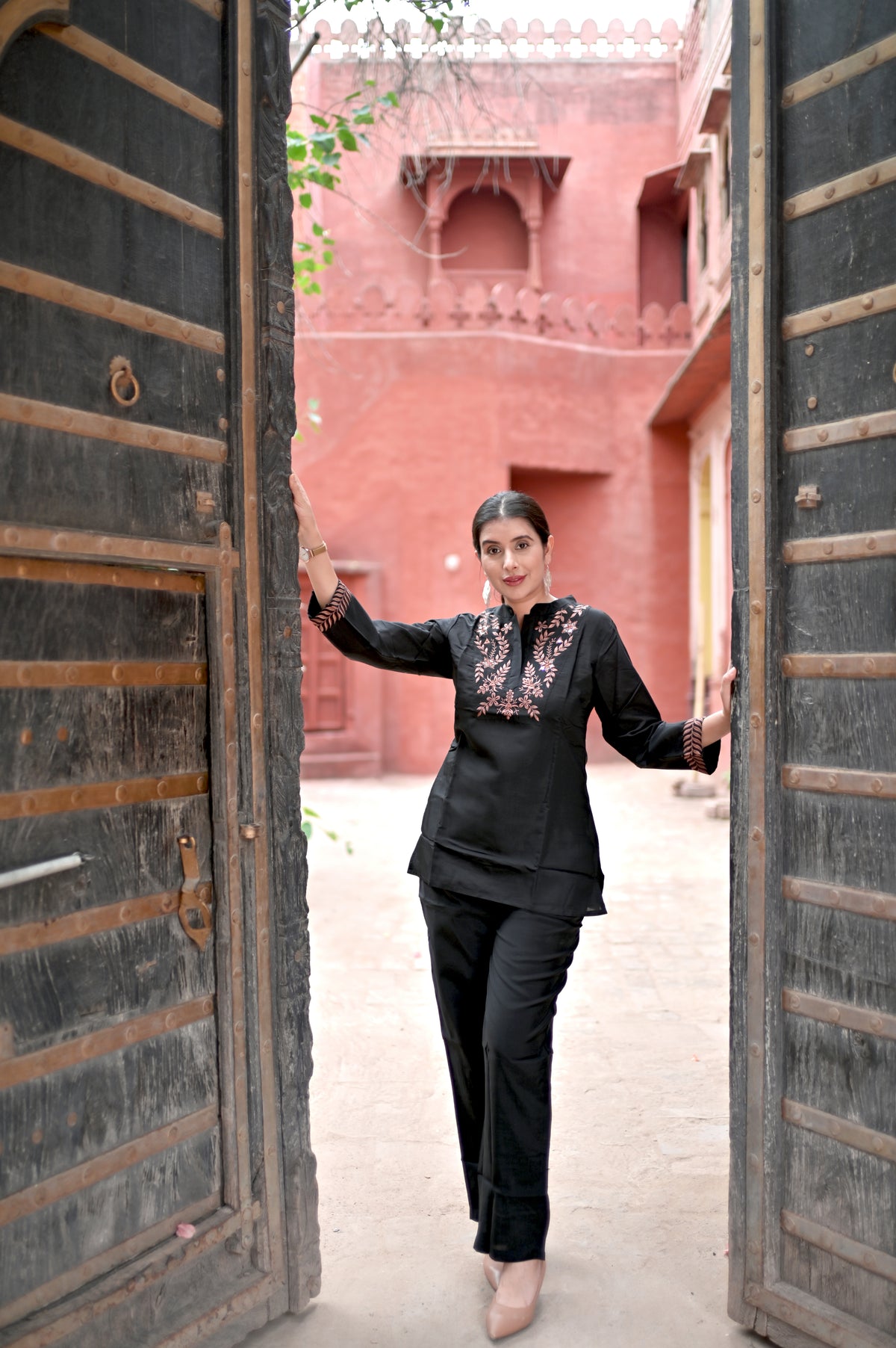 Black Embroidered Roman Silk Co-Ord Set for Women — Kurta-Style Top & Straight Pants