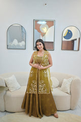 Olive Jacket Lehenga Set — Crop Top, Flared Skirt & Embroidered Organza Jacket