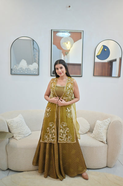 Olive Jacket Lehenga Set — Crop Top, Flared Skirt & Embroidered Organza Jacket