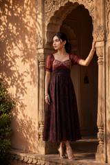 Wine Maroon Organza Floral Print Dress — Sweetheart Neck & Puff Sleeves