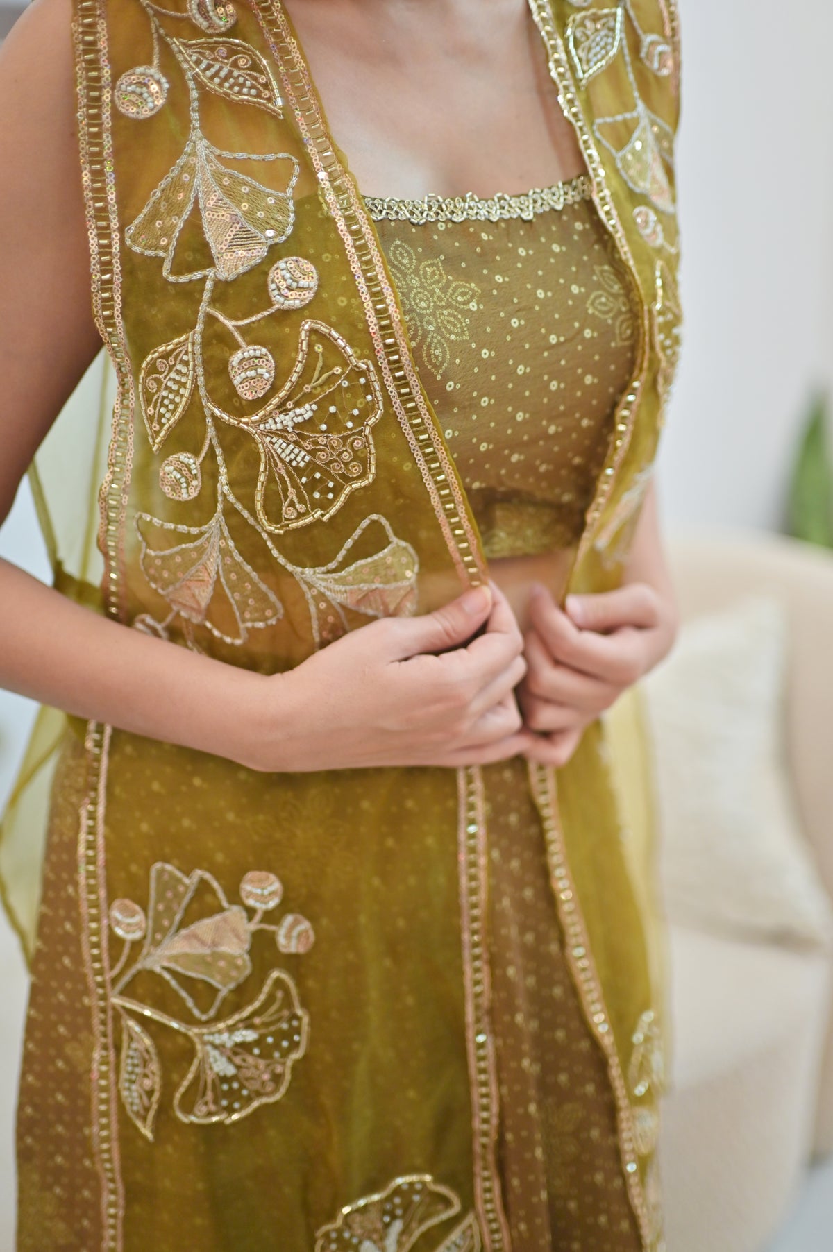 Olive Jacket Lehenga Set — Crop Top, Flared Skirt & Embroidered Organza Jacket