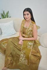 Olive Jacket Lehenga Set — Crop Top, Flared Skirt & Embroidered Organza Jacket