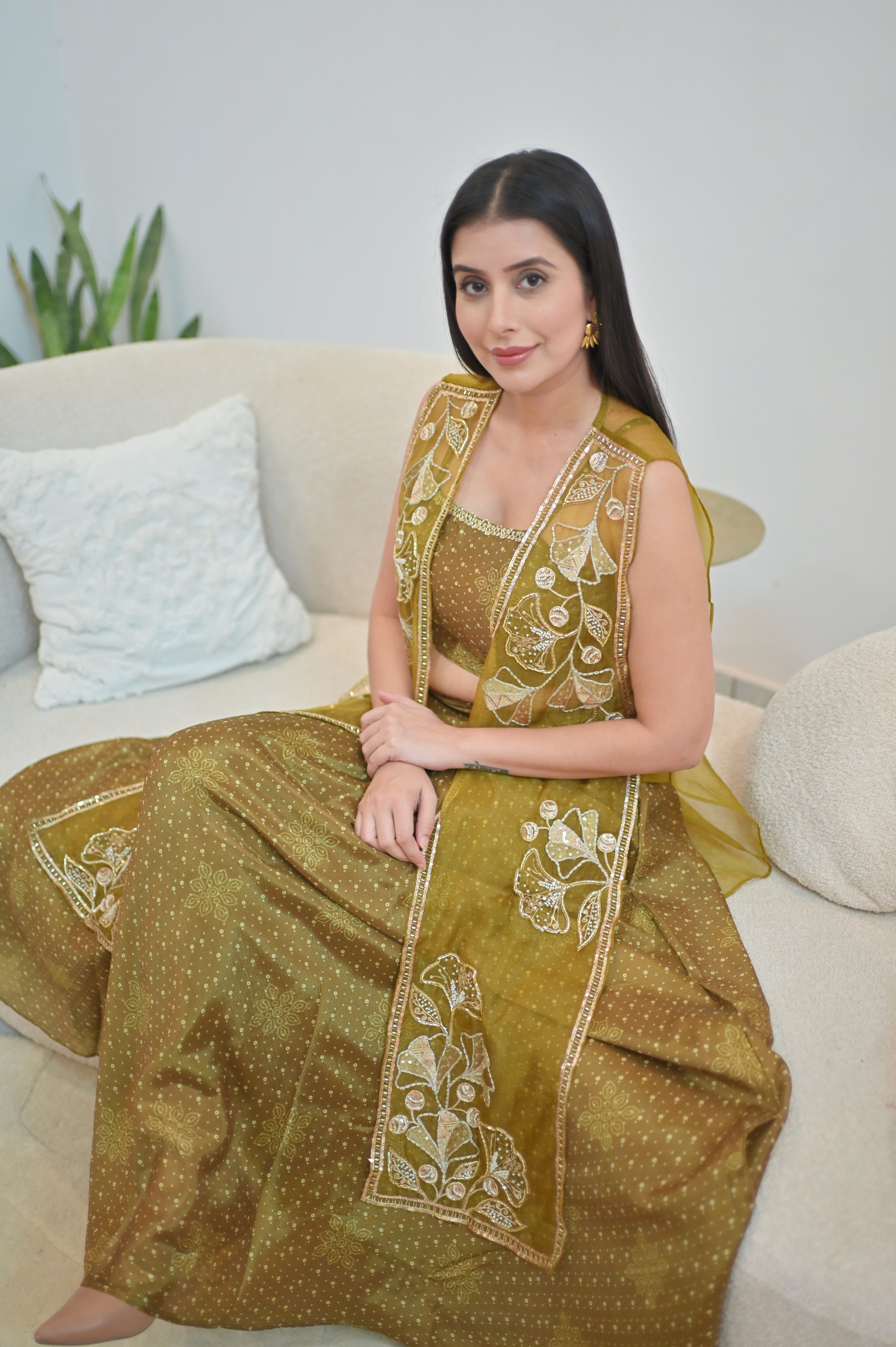 Olive Jacket Lehenga Set — Crop Top, Flared Skirt & Embroidered Organza Jacket