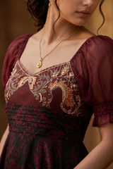 Wine Maroon Organza Floral Print Dress — Sweetheart Neck & Puff Sleeves