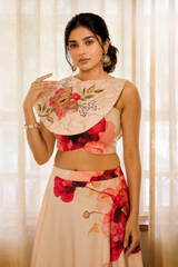 Floral Cape Lehenga Set with Detachable Multi-Style Shoulder Cape — Swiss Satin