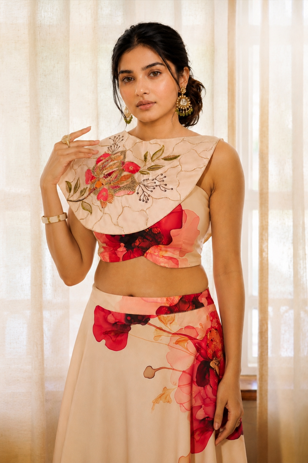 Floral Cape Lehenga Set with Detachable Multi-Style Shoulder Cape — Swiss Satin