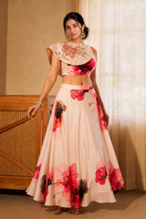 Floral Cape Lehenga Set with Detachable Multi-Style Shoulder Cape — Swiss Satin