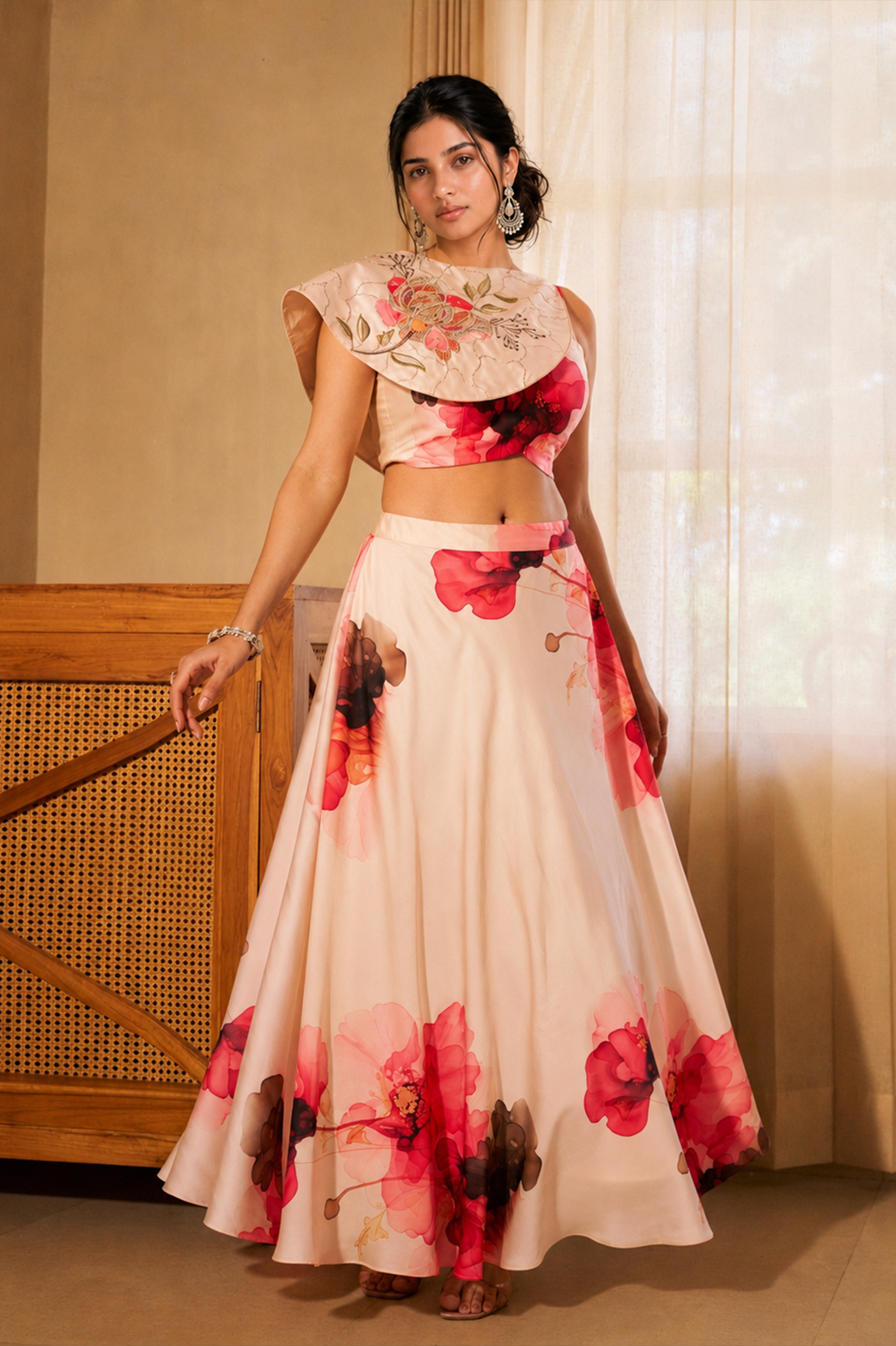 Floral Cape Lehenga Set with Detachable Multi-Style Shoulder Cape — Swiss Satin
