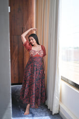 Wine Maroon Organza Floral Print Dress — Sweetheart Neck & Puff Sleeves