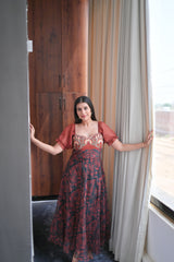 Wine Maroon Organza Floral Print Dress — Sweetheart Neck & Puff Sleeves