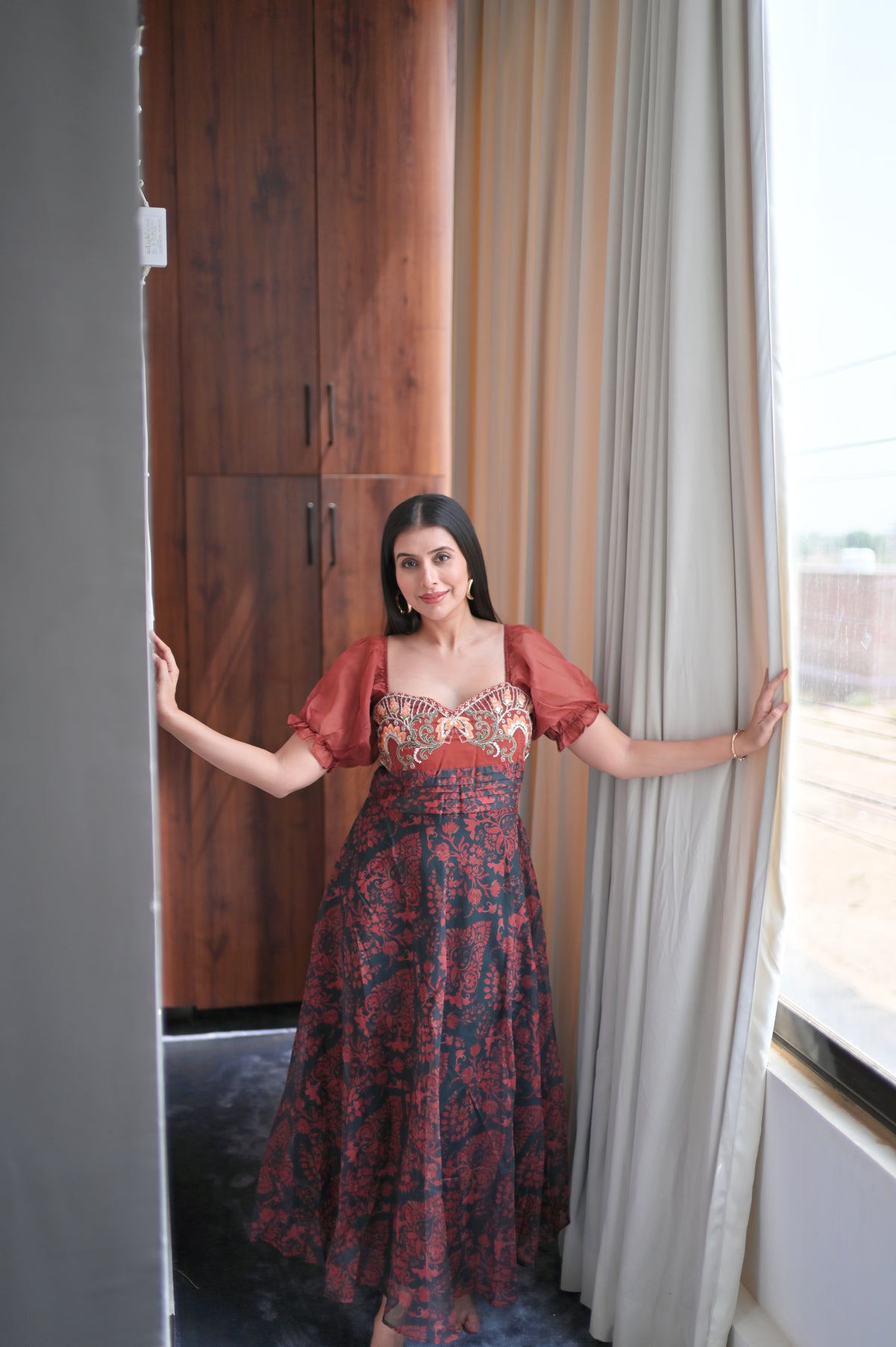 Wine Maroon Organza Floral Print Dress — Sweetheart Neck & Puff Sleeves