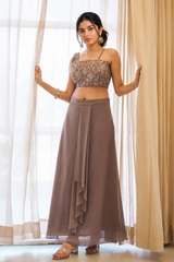 One-Shoulder Crop Top & Layered Skirt Set in Mocha Walnut — Fox Georgette