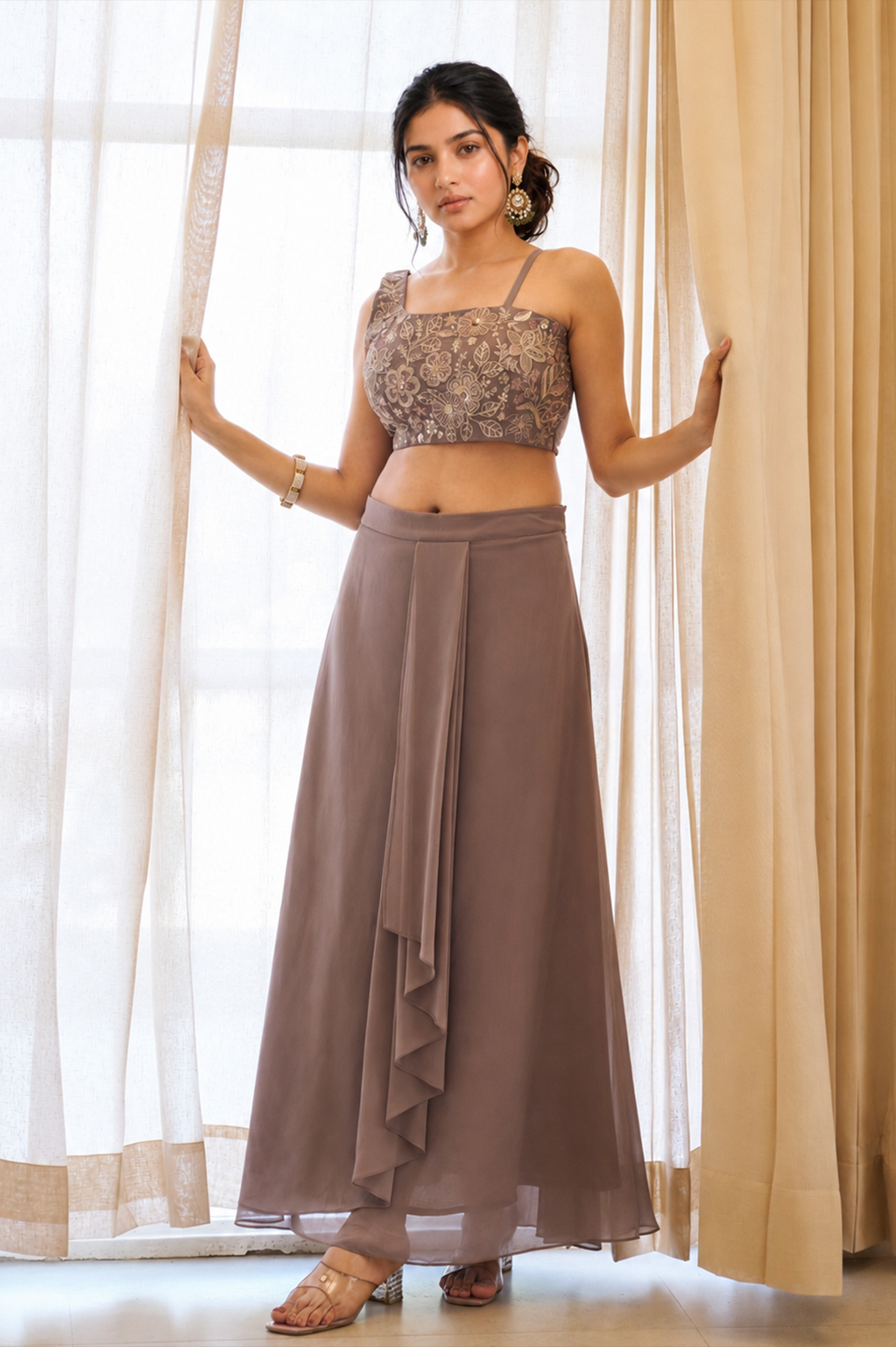 One-Shoulder Crop Top & Layered Skirt Set in Mocha Walnut — Fox Georgette