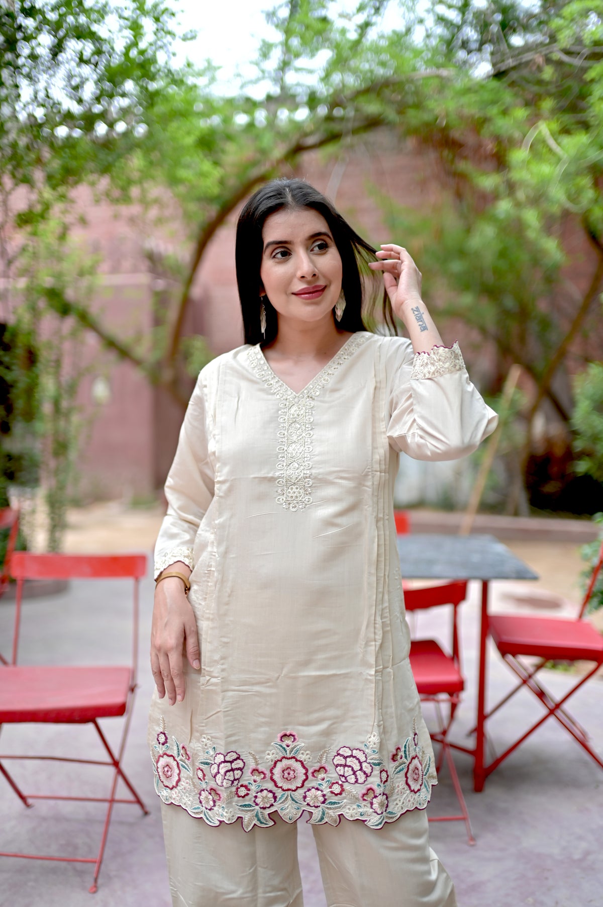 Ivory Embroidered Ethnic Co-ord Set — Kurta & Pant Set for Women