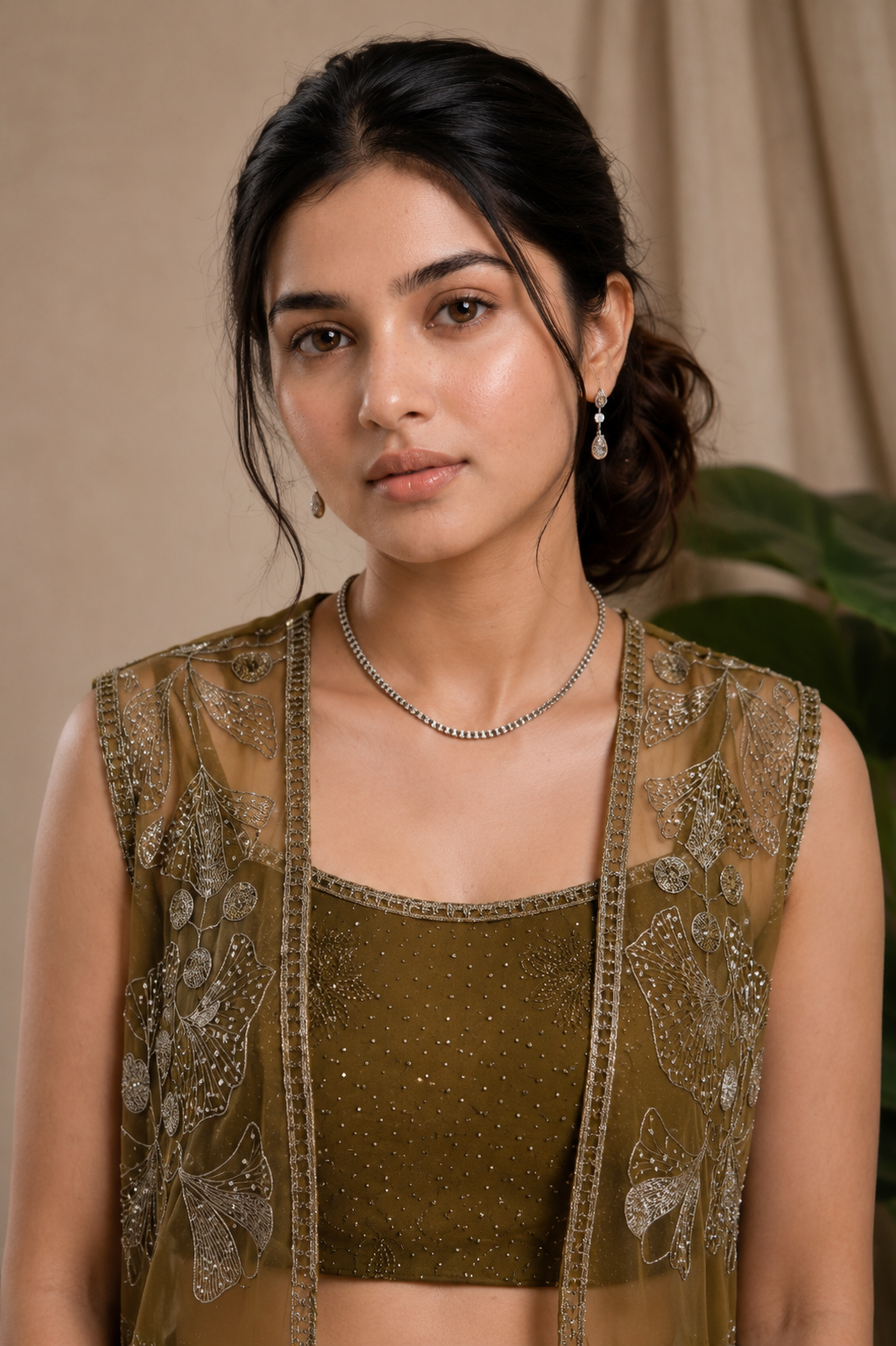Olive Jacket Lehenga Set — Crop Top, Flared Skirt & Embroidered Organza Jacket