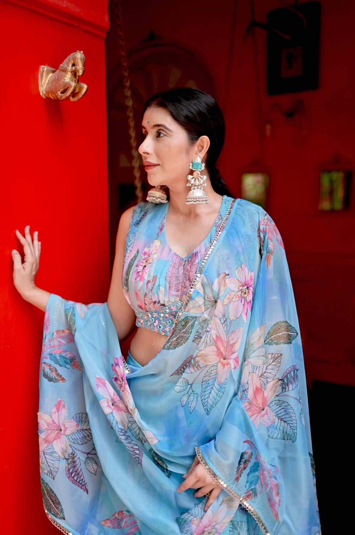 Sky Blue Floral Digital Print Indo-Western Lehenga Set