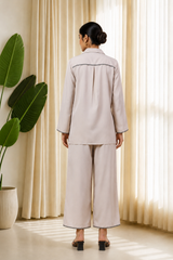 Ivory Noir Embroidered Co-Ord Set for Women — Shirt Collar Top & Straight Trousers