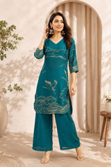 Ocean Teal Artistic Print Satin Georgette Co-Ord Set